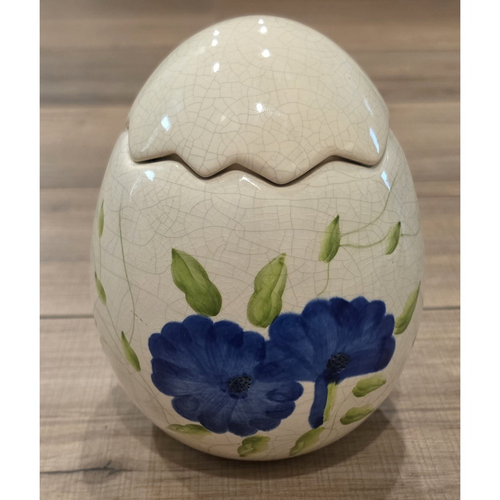 Blue & White Egg~Floral Design~cookie Jar Mosiac Type~Crackled/Satin Finish~7"